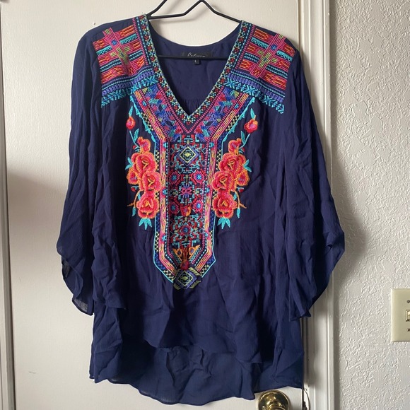 Calessa Tops - Calessa Navy Blue Embroidered V-Neck Tunic Blouse Bell Sleeve Rayon Top Large